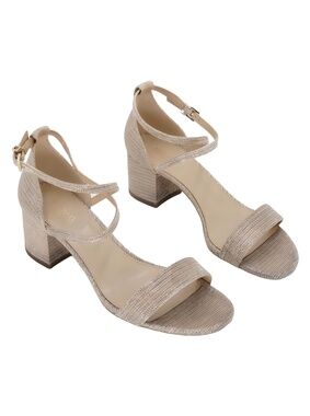 Michael Kors Serena Flex Pale Gold Glitter Chain Mesh Block Heel Sandals Size 7M